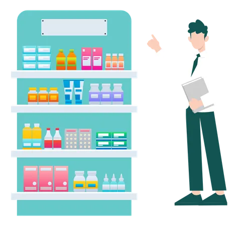 Boy Showing Medicines In Pharmacy  Illustration