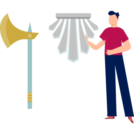 Boy showing metal axe  Illustration