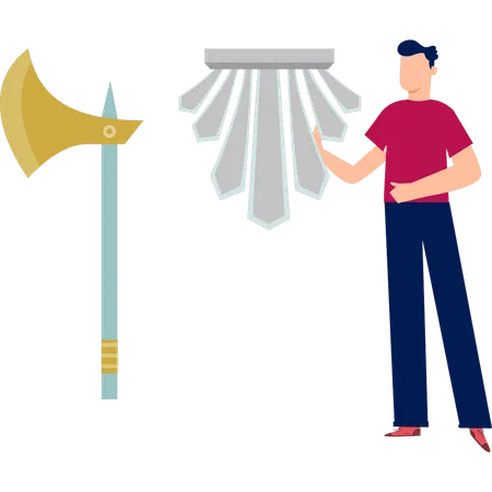 Boy showing metal axe  Illustration