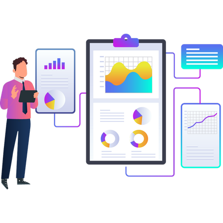 Boy showing network of business graphs  Illustration