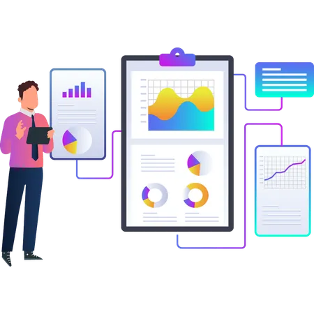 Boy showing network of business graphs  Illustration