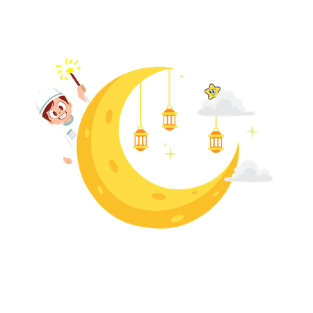Boy showing ramadan moon  Illustration