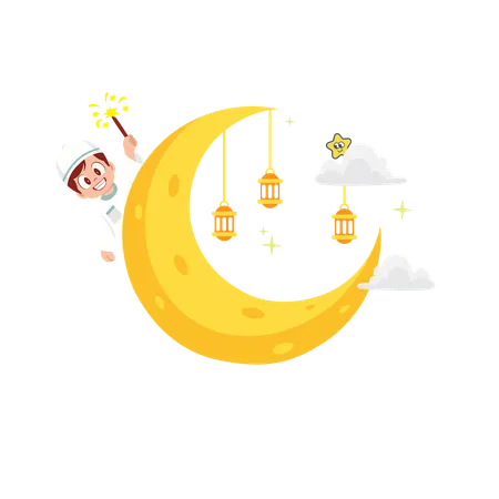 Boy showing ramadan moon  Illustration