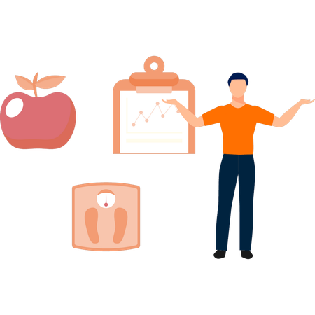 Boy showing ranking optimisation and diet food  Illustration