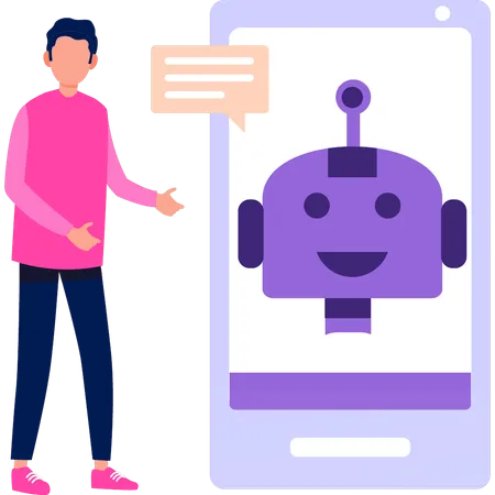Boy showing  robot on mobile phone  Illustration