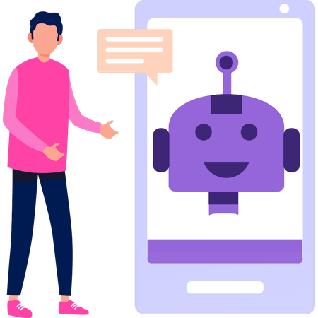 Boy showing  robot on mobile phone  Illustration