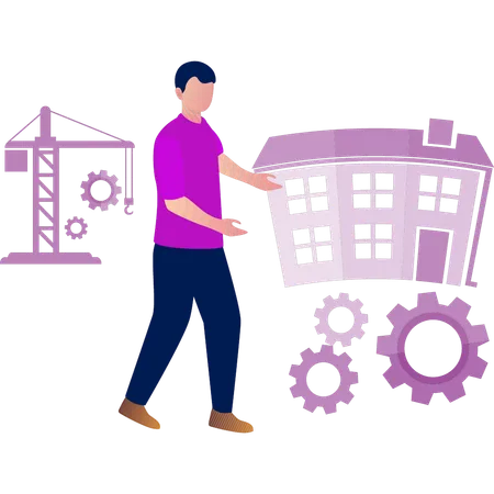 Boy showing setting tools work side  Illustration