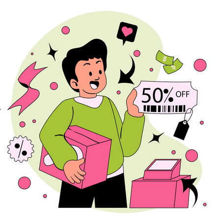 Boy showing shopping coupon and voucher  Illustration