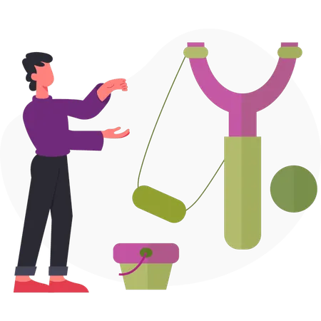 Boy  showing slingshot game  Illustration