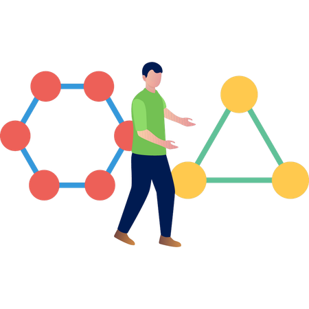 三角形の分子を示す少年  イラスト