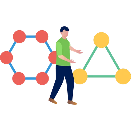 三角形の分子を示す少年  イラスト