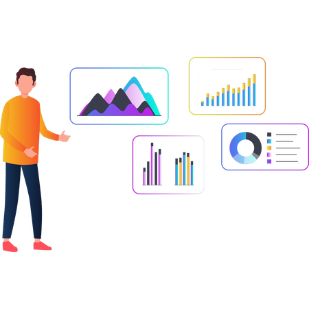 Boy showing various graph reports  Illustration