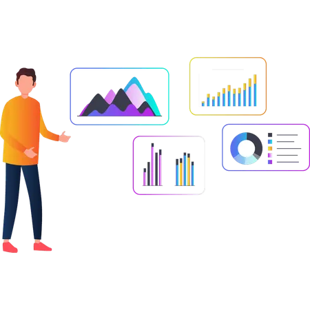 Boy showing various graph reports  Illustration