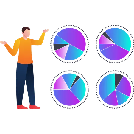 Boy showing various pie charts of analytics  Illustration