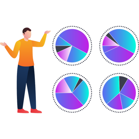 Boy showing various pie charts of analytics  Illustration