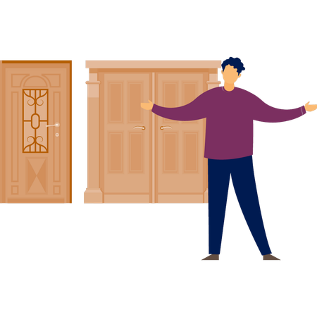 Boy showing wooden door  Illustration