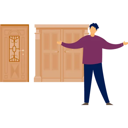 Boy showing wooden door  Illustration