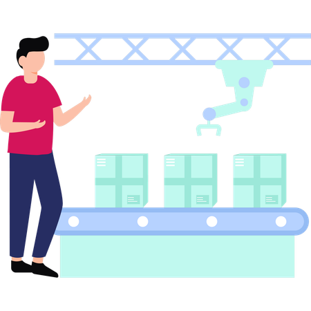 Boy shows a conveyor carrying a package  Illustration