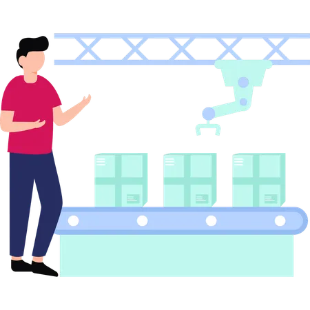 Boy shows a conveyor carrying a package  Illustration