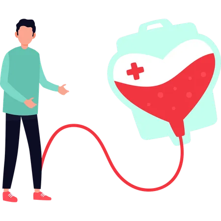 Boy shows blood bag  Illustration