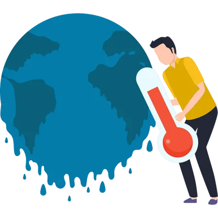 Boy shows the temperature of the earth  Illustration