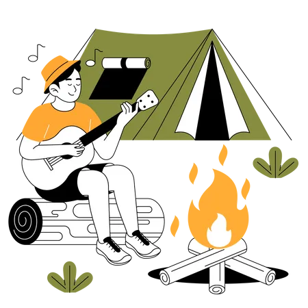 Boy singing and playing guitar near campfire  Illustration