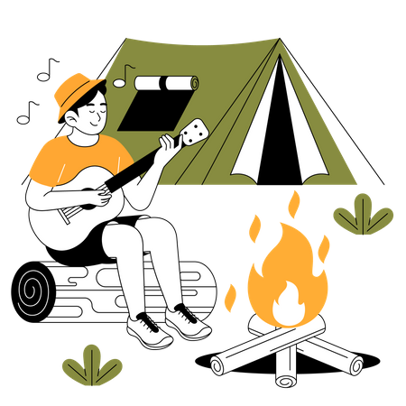 Boy singing and playing guitar near campfire  Illustration