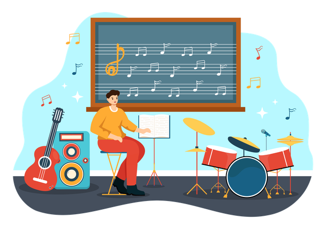 Boy singing at music school  イラスト