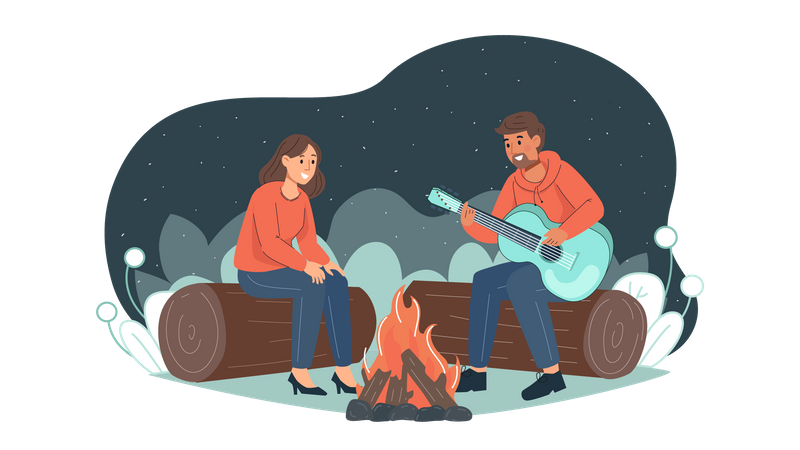 Boy singing for girl while camping Illustration