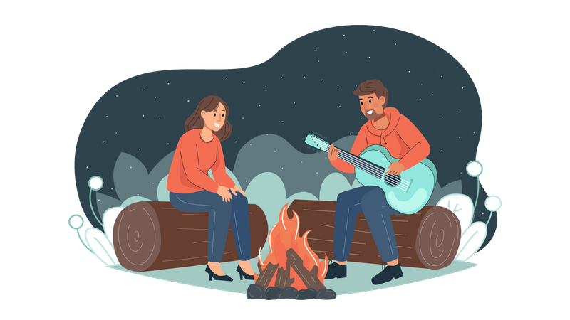 Boy singing for girl while camping  Illustration