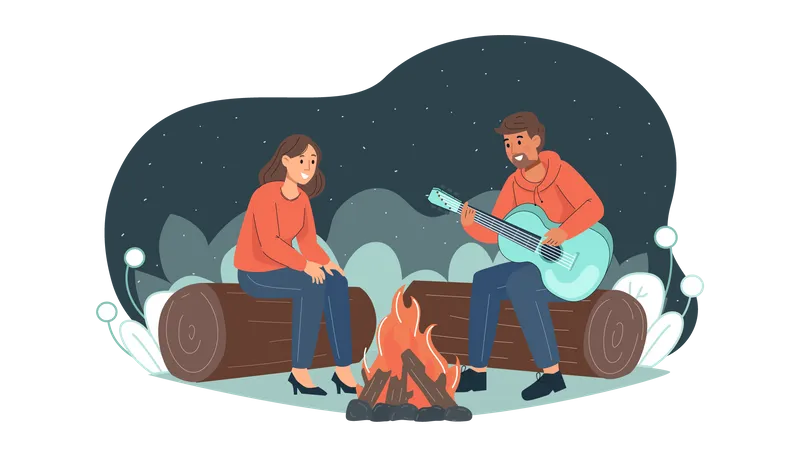 Boy singing for girl while camping  Illustration