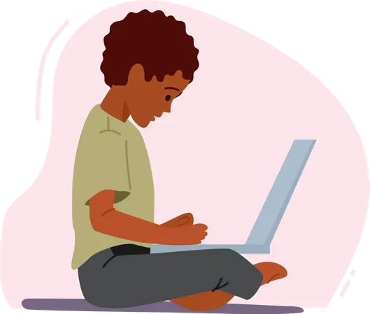 African Boy Sitting With Laptop Playing Learning Classes Chatting With Friends Child Using Gadget Kid Remote Education Character Studying Online Addiction Cartoon People Vector Illustration Illustration