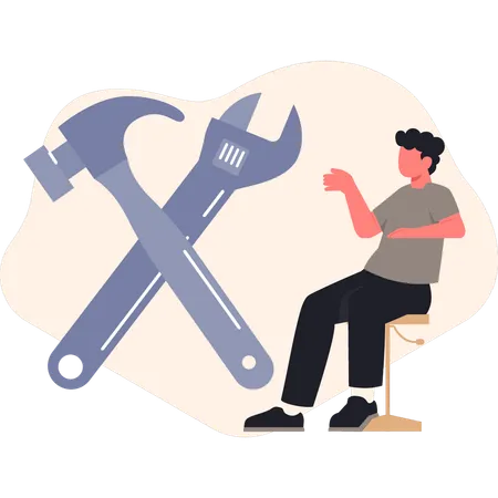 Boy  siting on chair and talking about tools  Illustration