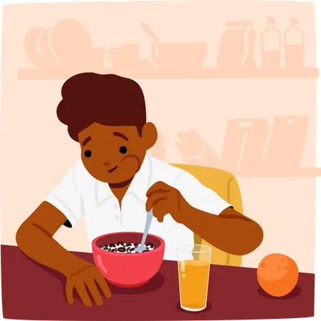 Boy Sits At Table Munching Cereal Sipping Juice Morning Sunlight Streams In Creating A Warm Cozy Scene Of Nourishment And Routine With Little Child Character Cartoon People Vector Illustration Illustration
