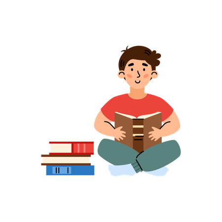 Boy sitting and read book at home library or kindergarten.  Illustration