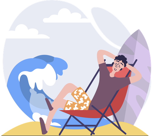 Boy sitting at beach enjoying ocean waves  Illustration