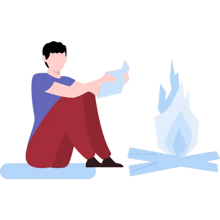 Boy sitting by fire Illustration
