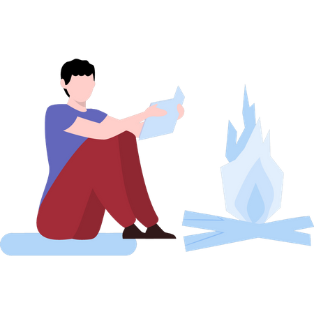 Boy sitting by fire  Illustration