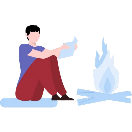 Boy sitting by fire  Illustration