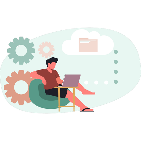 Boy sitting in couch and transfer data in cloud folder  Illustration