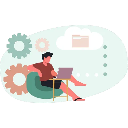 Boy sitting in couch and transfer data in cloud folder  Illustration