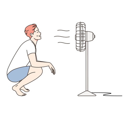 Boy sitting in front of table fan in summer  Illustration