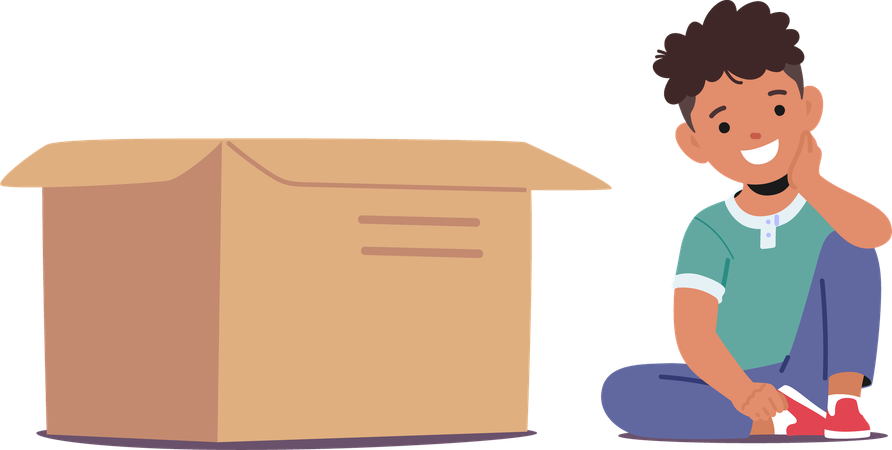 Boy sitting near box  Illustration