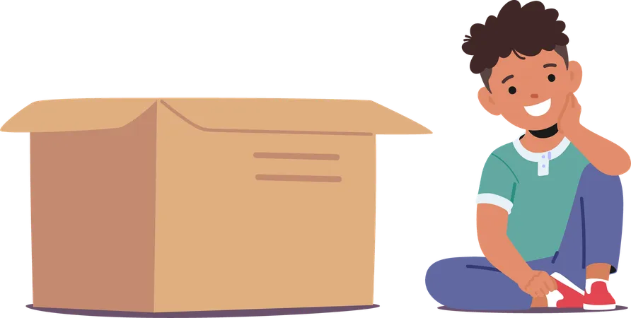 Boy sitting near box  Illustration