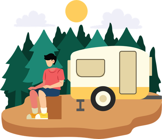 Boy sitting near camper van  Illustration