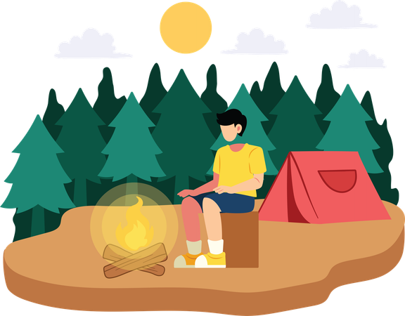 Boy sitting near campfire  Illustration