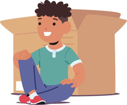 Boy sitting near large box  Illustration