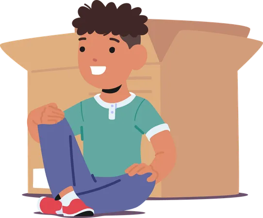 Boy sitting near large box  Illustration