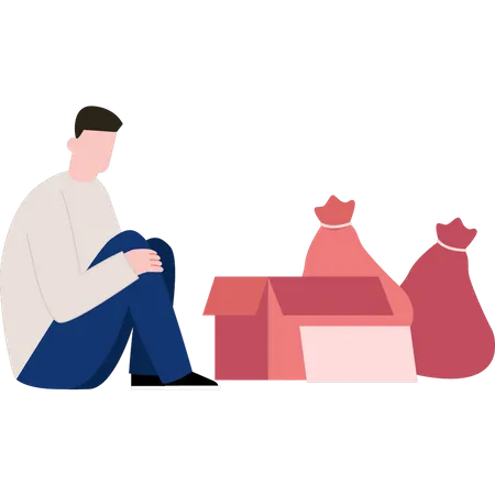 Boy sitting next to donation bags  Illustration