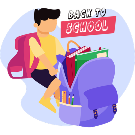 Boy sitting on a backpack surrounded by books and school supplies illustrating the excitement of returning to school  Illustration